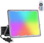 RGB LED Flood Light 150W Equivalent – 60W Plug-in Outdoor Color-Changing Spotlight with Remote, 4 Modes, 8-Level Dimming, IP65 Waterproof for Garden, Landscape, Wall Wash