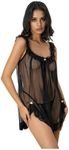 OYOANGLE Women's 2 Piece Mesh Sheer Floral Lace Babydoll Slip Dress Nightgowns and Thong Lingerie Set Black X-Large