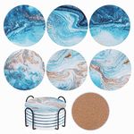 Moendergo 6 Coasters Drinks Absorbent Cork Ceramic Glass Coasters with Metal Holder for Housewarming Home Kitchen Room Bar Decor (6)