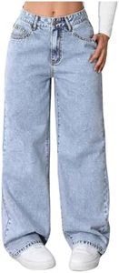 GORGLITTER Girl's Baggy Jeans Cute High Waisted Wide Leg Denim Pants with Pockets Light Wash 9Y