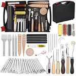 50 Pieces Leather Tools Kit, Leather Tools and Supplies, Leather Working Kits Supplies with Leather Tool Box Prong Punch Edge Beveler Wax Threads Needles Perfect for Stitching Punching Cutting Sewing