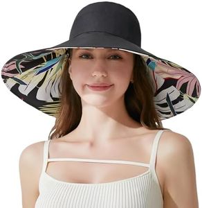 Women Summer Rain Hat UV UPF 50 Sun Protection Wide Brim Hat Sun Hat Foldable Bucket Hat, Black Floral Print (Double-sided), One Size