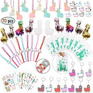foci cozi Llama Party Favors Supplies - Llama Bracelet Ring Necklace Keychains Hair Clips Puffy Sticker Gift Bag Alpaca Toys Gift for Kids Birthday School Prizes Rewards(60 pcs)