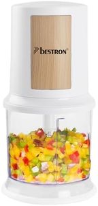 Bestron Hachoir électrique, mini hachoir idéal pour les légumes, les oignons, Deux lames de coupe & capacité de 500 ml, Nordic Home Collection, Coleur: Blanc/Imitation bois