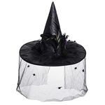 Fengek Witch Hat for Women Halloween Large Ruched Witch Hat with Veil Decorated with Feathers Spiders Wizard Cosplay Costumes