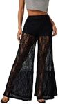 OYOANGLE Women's Lace Sheer Elastic Waist Wide Leg Pants See Through Long Trousers Party Clubwear Black X-Small