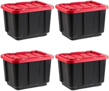 IRIS USA 45 Liter Stackable Heavy Duty Totes for Truck, 4 Pack, BPA-Free Tough Storage Bins, Garage Organizing Container with Durable Snap Lid, Black/Red