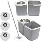 Gr8 Home Grey Space Saving 360° Dual Duo Floor Spin Mop Dispenser Bucket Set Spinning Rotating With 3 Cleaning Dry Heads