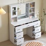 Vanrste Makeup Vanity Desk with Mirror and Lights, Makeup Vanity with Storage Drawers & Power Outlet, Dressing Table for Women White