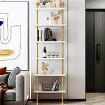 6-Shelf Modern Ladder Bookcase, Open Wall Mount Ladder Bookshelf with Industrial Metal Frame, White/Gold