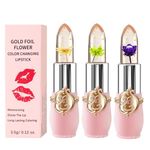 3 Packs Flower Jelly Lipstick Set Magic Temperature Color Change Lip Balm Long Lasting Moisturizer Lip Gloss Flower Jelly Lipstick Makeup Set (3PCS Set B)