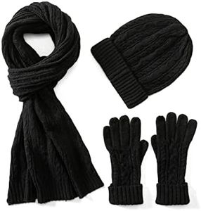 Villand 3 in 1 Womens Wool Hat Gloves & Scarf Winter Set, 3 Piece Cable Knitted Beanie Hat for Women with Gift Box, Black