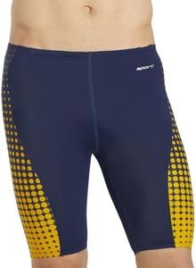 Sporti Men's Athletic Swimwear Jammers, Suitable for Big Boy & Youth Competitve, Abstract Print Jammers, Drawstring Waist - Molecule Piped Splice - Navy/Gold - 34