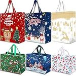 6 Pack Christmas Reusable Grocery Bag,3 Large 3 Medium Size Tote Bags with Handle, Gift Present Bag, Shopping Bag for Holiday Xmas Event Party