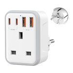 Uk to European Travel Plug Adapter PD 20W Fast Charge USB-C QC 3.0 Grounded EU European to UK Power Plug Adaptor Charger for Germany Spain Turkey France Greece Iceland Poland and More (Type E/F)