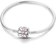 Charm Bracelet for Women Sterling Silver, Heart Clasp Snake Chain Bracelet Travel Charm Moments European Bracelet Jewelry Compatible with Pandora Charms, Gift for Her