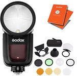 GODOX V1-C Round Head Camera Flash Speedlite/w AK-R1 Accessory Kit Incl. Bounce Card, Dome Diffuser, Colour Gels, Barndoors, Snoot for Canon Camera + 12 Month Extended Warranty Card (3 Yrs)