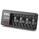 EBL 8 Slot Multifunctional Battery Charger with Two USB and One Type C Interfaces, for AA, AAA, 9V NiMH/NiCD Rechargeable Batteries and 9V Lithium ion Batteries