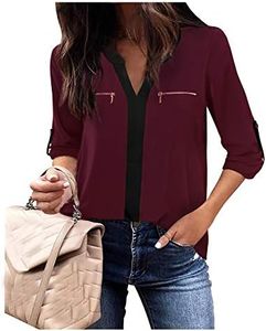 Gaharu Women's Casaul 3/4 Sleeve Shirts Tops V Neck Chiffon Blouses, Dark Red, Small