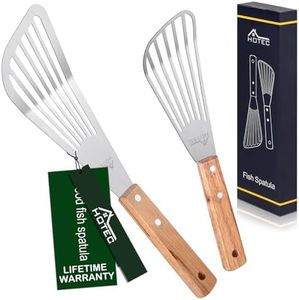 HOTEC Stainless Steel Thin Slotted Fish Turner Spatula with wooden handle