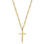 14K Gold Filled Cross Necklace for Men Figaro Chain Stainless Steel Plain Polished Cross Pendant Necklace Simple Faith Jewelry Gift for Women, Metal