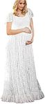 U-Story Elegant Short Sleeve Lace Flutter Maternity Gown Wedding Bridesmaid Maxi Dress (Large White)