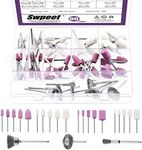 Swpeet 69Pcs 1/8" Shank Grinding Stone Set, 2 Shaped and 5 Sizes of Sanding Drill Bit for Rotary Tool Flap Wheel and Wool Felt Mounted Mandrel Set, 3 Types Carbon Steel Wire Wheel Brush for Buffing