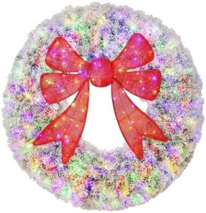 60in Flocked Pre-Lit Christmas Wreath with 3D Red Bow and Remote