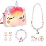 Hifot Unicorn Crossbody Bag Purse with Jewelry Set Little Girls, Unicorn Princess Necklace Bracelet Rings Earrings Handbag Accessories, Jewelry Party Favors Gift Dress Up