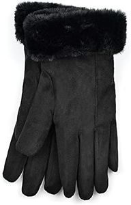 Ladies Faux Suede Fleece Lined Winter Gloves with Faux Fur, Black, S/M