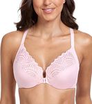 Lemorosy Women's Front Closure Lace Bra Full Figure Plus Size Underwire T-Back Non Padded Bra(38DD, Pink)