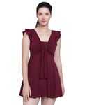 MEGASKA Women Front Tie Knot Ruched Frock Style Padded One Piece Swimming Costume_Wine_XXL