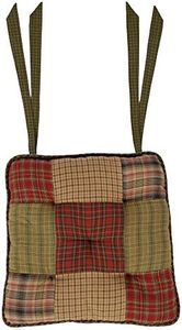 VHC Brands Tea Cabin Chair Pad Patchwork Log Cabin Country Rustic Lodge Design, Moss Green and Deep Red