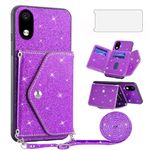 Asuwish Phone Case for ZTE Avid 579 Z5156CC Wallet Cover with Tempered Glass Screen Protector and Crossbody Strap Lanyard Bling Glitter Credit Card Holder Stand Cell ZTE Blade A3 2020/A3 Joy Purple