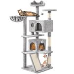 Yaheetech Cat Tree, 144.5cm Multi-level Cat Climbing Tower w/Sisal Scratching Posts, Double Cat House and Dangling Balls Kitten Activity Centre Cat Play House, Light Grey