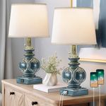 20.75" Farmhouse Table Lamps for Bedroom Set of 2, Rustic Bedside Lamps with 2 USB Port, Retro side table lamp Antique Nightstand Lamp for Living Room End Table Office Country, Traditional Washed Blue