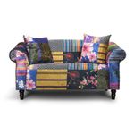 House of Velvet Vibrant Multicoloured 2 Seater Loveseat Fabric Patchwork Sofa – Comfortable Elegant Funky Living Room Couch with Striped & Floral Patterns, Solid Wood Frame & Durable Fabric