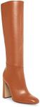 Coutgo Women's Chunky Heeled Knee High Boots Classic Leather Square Toe Zippered Tall Boot, Brown, Size 8