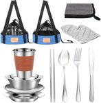 Camping Mess Kit - 1 to 2 Persons Camping Dishes Includes Cups Bowls Dishes Knives Forks Spoons, Etc, Camping Cutlery Set with Mesh Bag is Easy to Carry for Backpacking, Camping, Hiking and Picnics