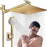 Shower Head,12'' Rain Shower Head with 11'' Adjustable Extension Arm and 5 Settings High Pressure Handheld Shower Head Combo,Powerful Shower Spray Against Low Pressure Water-Brushed Gold