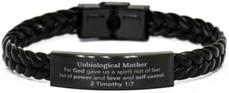 Christian Gifts For Unbiological Mother Braided Leather Bracelet, Unbiological Mother For God gave us a spirit not of fear. 2 Timothy 1:7, Bible Verse Inspirational Birthday for Unbiological Moth