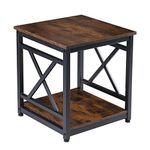 KSWIN Industrial End Table, Rustic Brown Side Table with X-Design Metal Frame, 2-Tier Storage Shelf Wood Look Accent Furniture for Living Room Bedroom, Sturdy and Easy Assembly