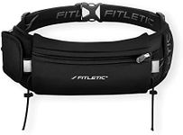 Fitletic Running Belt with Side Pocket, Loops for Energy Gels, Race Bib Number Holder. Waist Pack Water Resistant Phone Holder. Model Ultimate II Black