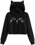 SweatyRocks Women's Long Sleeve Hoodie Crop Top Cat Print Pullover Sweatshirt Black#1 XL