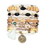 INDIKONB Bohemian Bracelet Set for Women - 10-Piece Combo in Beige, Stretchable Elastic with Plastic and Wood Beads