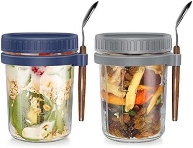 Xigugo Overnight Oats Jars, Overnight Oats Container with Lid and Spoon, 16 oz Cereal, Milk, Vegetable and fruit Salad Storage Container with Measurement Marks (grey and blue)