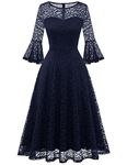 DRESSTELLS Lace 3/4 Sleeve Cocktail Homecoming Navy Dresses for College Student Women Back to School Prom Dress Wedding Guest Knee Tea Length Bell Sleeve Vintage Bridesmaid Dress Navy S