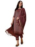 NAINVISH Women's Cotton Striped Regular Kurta Pant with Duptta (SD478_KBD_Maroon_XL)