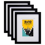 EGOFINE 10x8 Photo Frames Set of 4, Solid Wood Frames with Acrylic Glass,Matted for 6x4/7x5 inch,10x8 Picture Frames for Tabletop and Wall Mounting,20x25cm Poster frames for Printing,Black