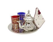 Moroccan Engraved Teapot Set Small: Silver Teapot with Integrated Filter and Teapot Holder, 2 Tea Glasses and Silver Tray, Handmade in Morocco, Serving Mint Tea Gift Set